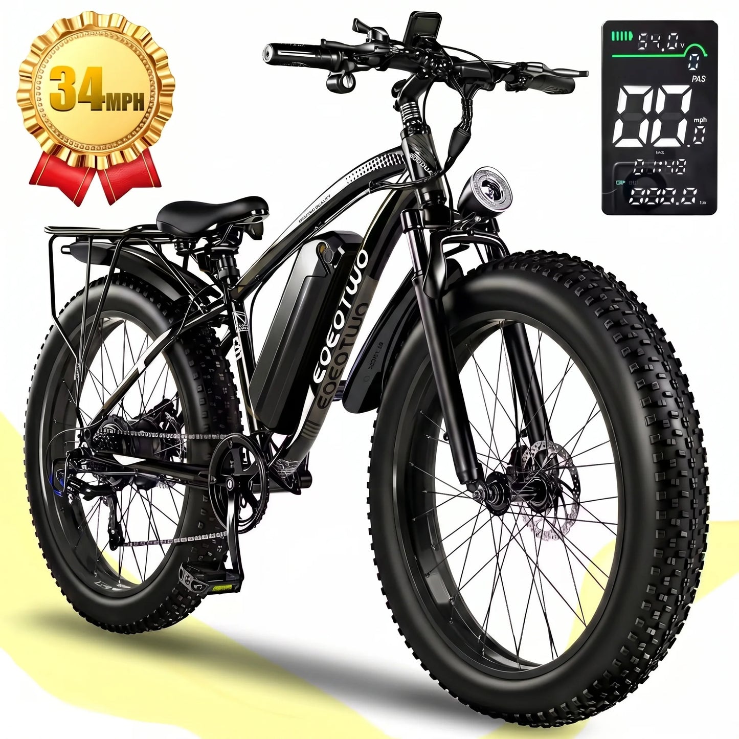 EOEOTWO Heavy Duty Ebike, 400 LBS Capacity, 65Nm High Torque, Front Suspension, Rear Rack, 5 Riding Modes, Phone Holder with Charging