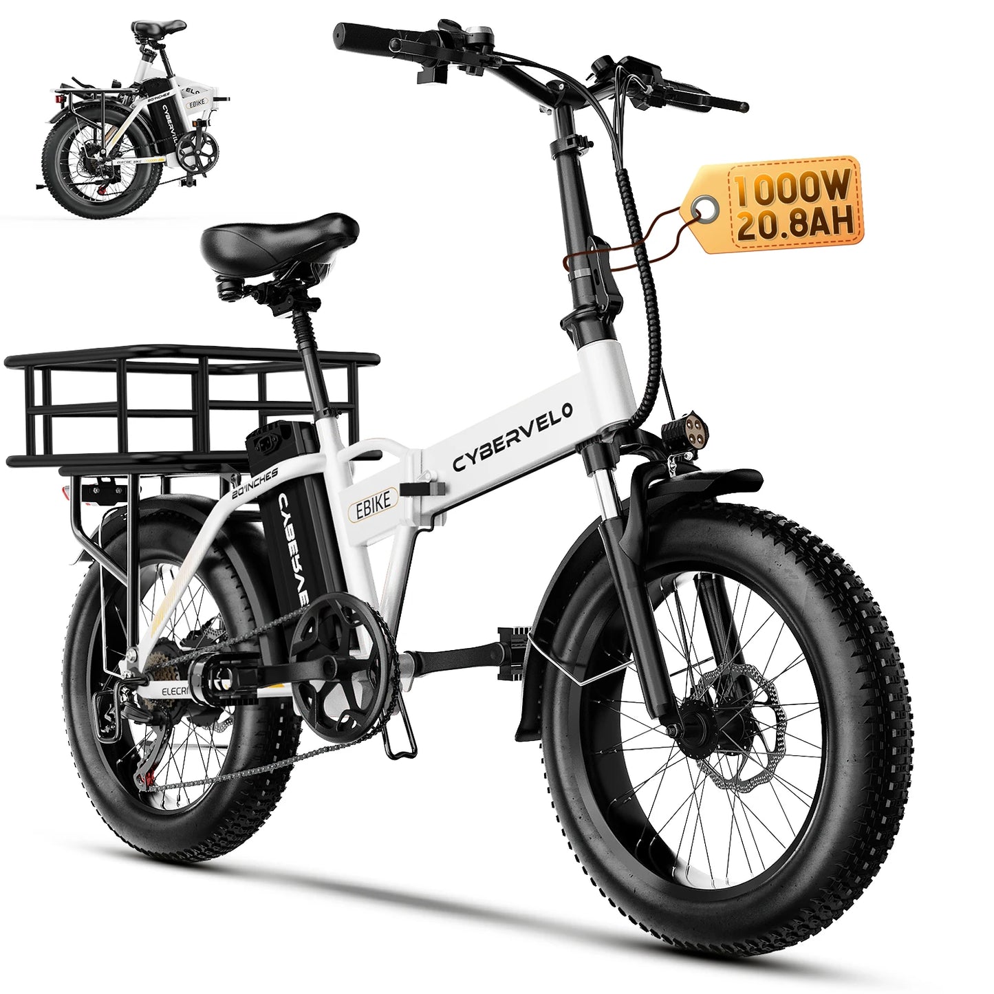 Cybervelo 1000W Peak High-speed Brushless Folding 20 Inch Fat Tire Electric Bike for Adults 48V 20.8Ah/50Ah Removable Battery 80 Miles Range Commuter E-Bicycle EK4