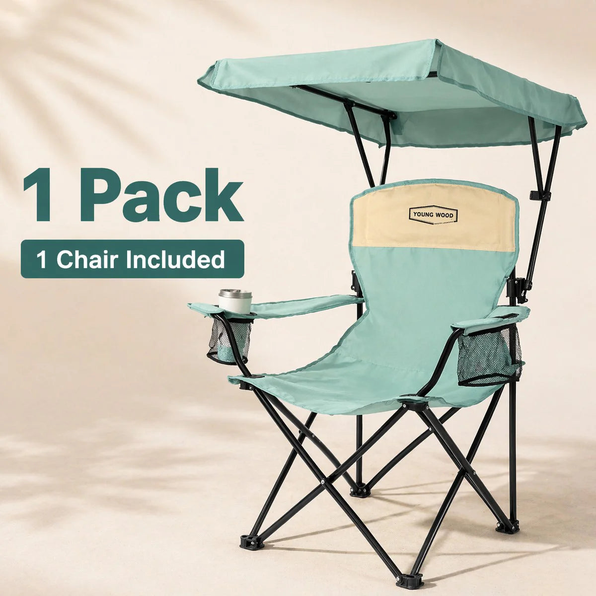 Portable Beach Chair with Cup Holder & Side Pocket, Duty Lawn Chair with Carry Bag for Camping, Beach, Fishing, Patio, Hiking,YOUNG WOOD Outdoor Folding Camping Chair with Adjustable Canopy
