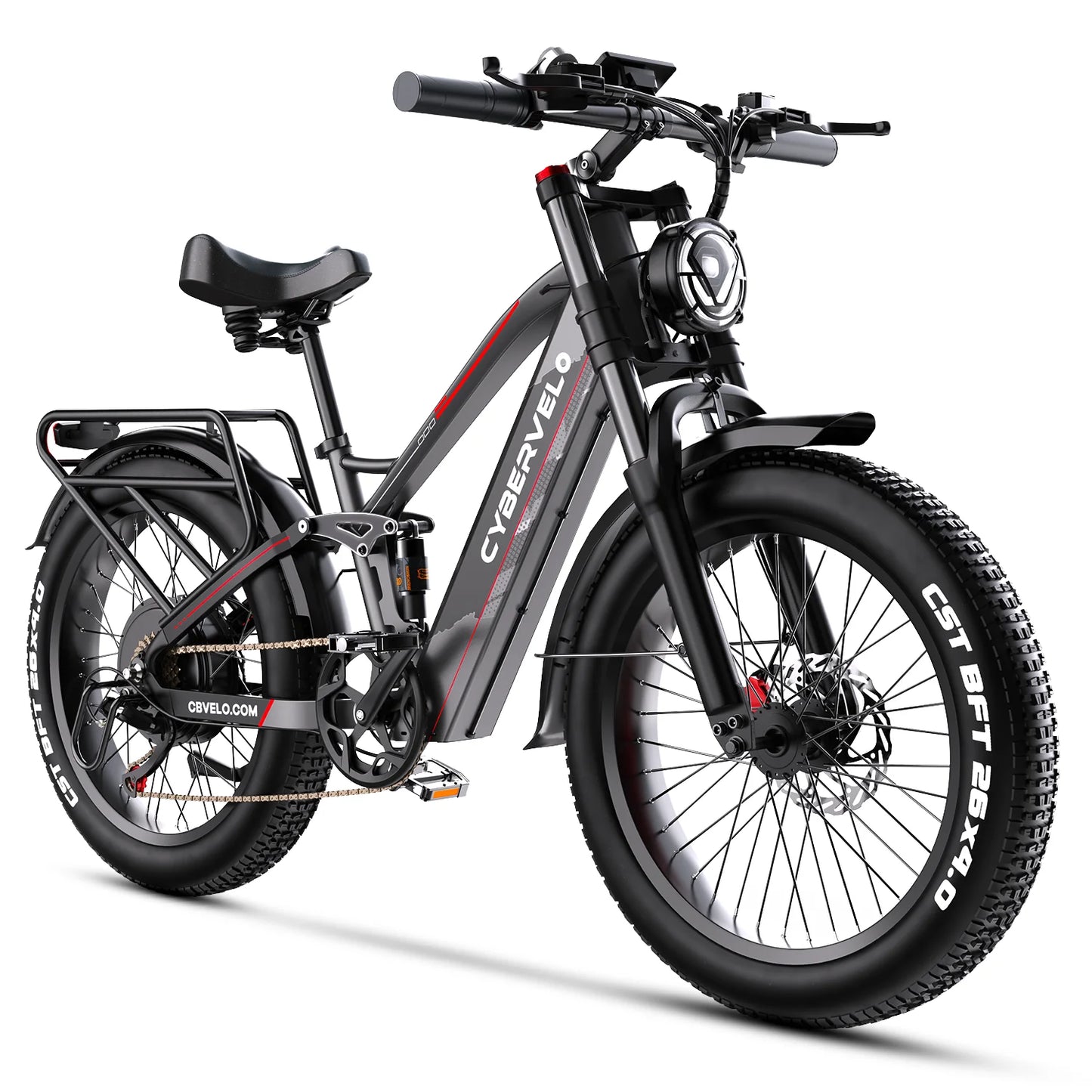 Cybervelo 5000W Peak Electric Bike for Adults 26"x4.0 Fat Tire All Terrain Electric Mountain Ebike Commuter E-Bike 7-Speed Up to 120 Miles 52V 40Ah/60V 50Ah Removable Battery EK9