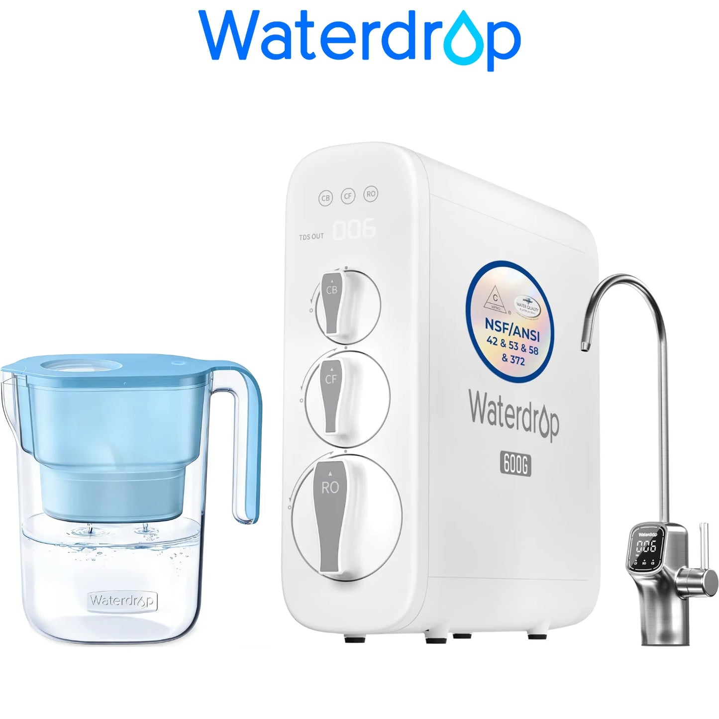 Waterdrop G3P600 Reverse Osmosis System, Smart LED Faucet, Including Waterdrop Water Filter Pitcher with 1 Filter