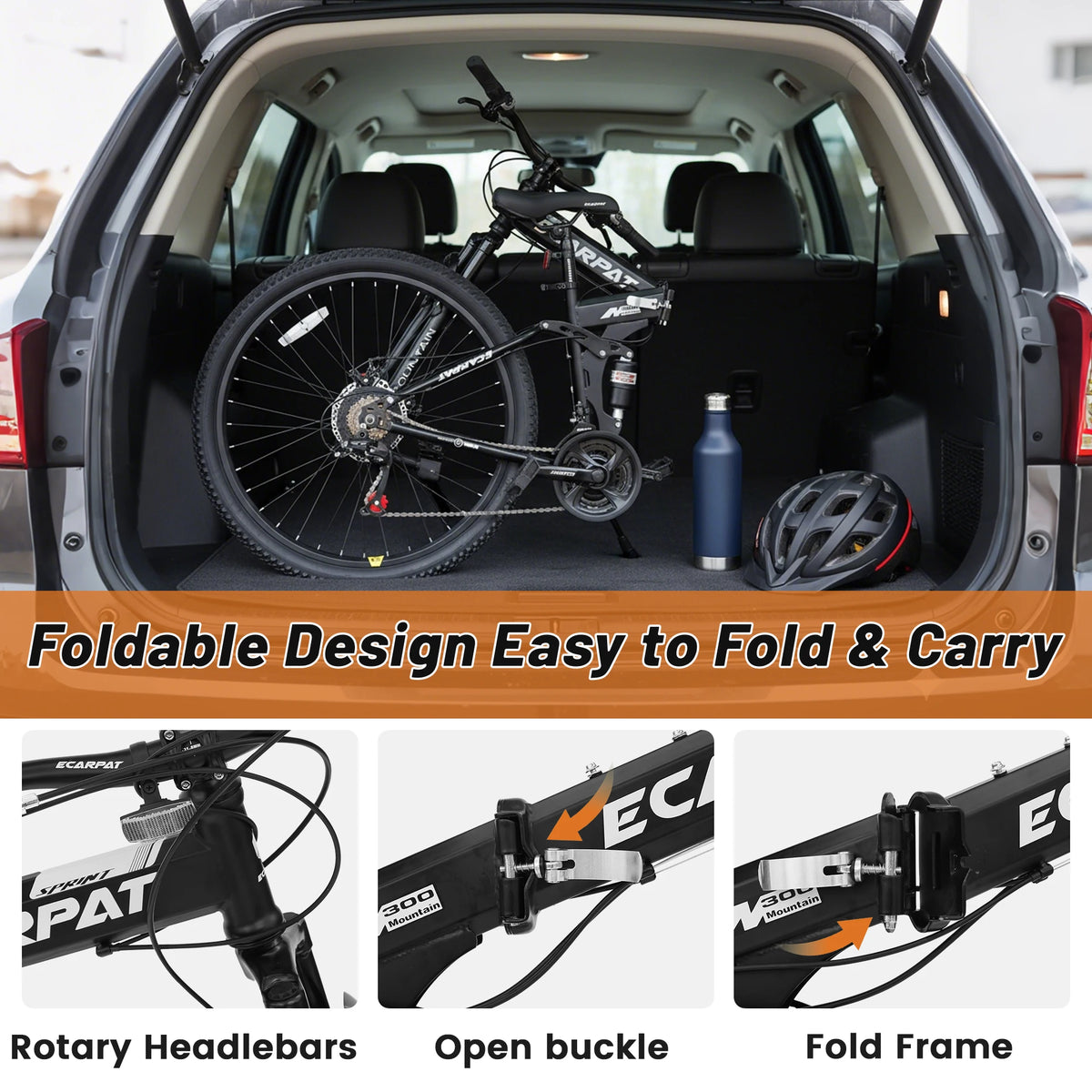 Ecarpat Folding Mountain Bike With 21 Speed Dual Disc Brakes