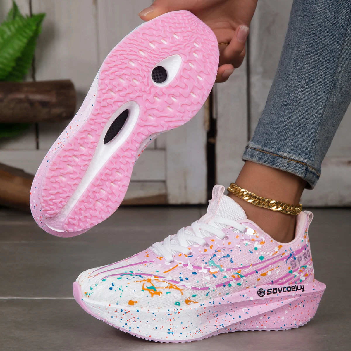 Women Splatter Paint Gradient Running Sneakers Breathable Flying Weave Mesh Lightweight Shock Absorb Non Slip Fashion Athletic Walking Sport Shoes