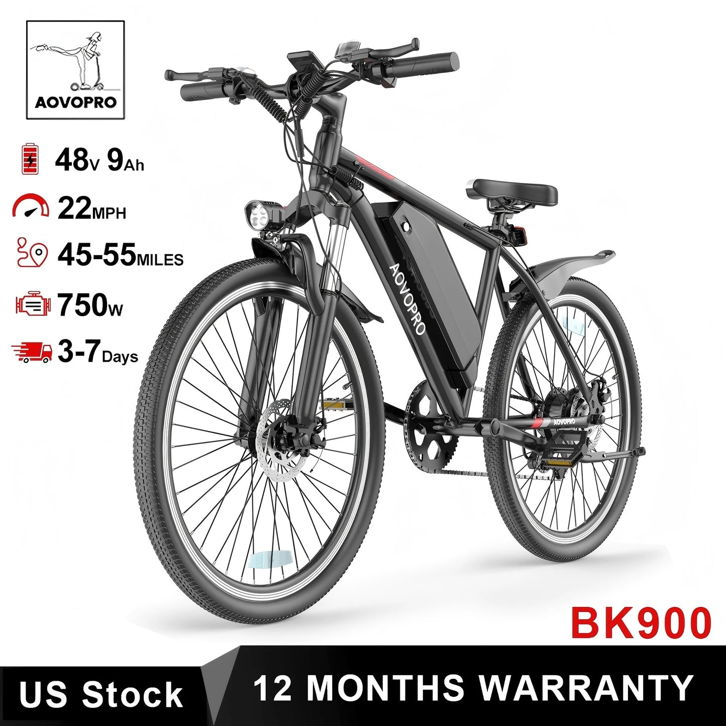 AOVOPRO BK520 26'' Electric Bicycle 750W Motor 48V 5.2AH Battery 22mph 7 Speed Mode 45miles Long Range Electric Bike for Adult