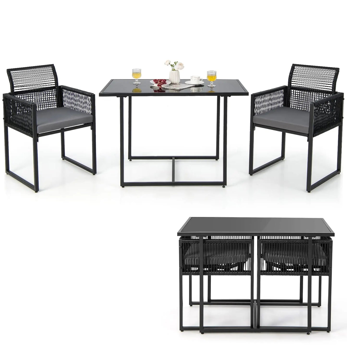 Tangkula 3 Pcs Outdoor PE Rattan Bistro Set Foldable Backrest Cushioned Tempered Glass Table Space Saving Patio Furniture