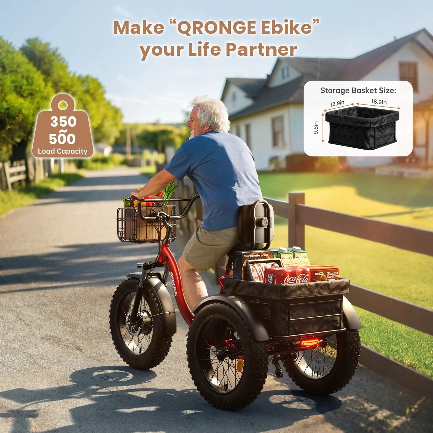 QRONGE Electric Bike for Adults 960W Peak 36V 13.5AH Battery Folding Electric Tricycle 50 Miles Range Fat Tire Electric Trike