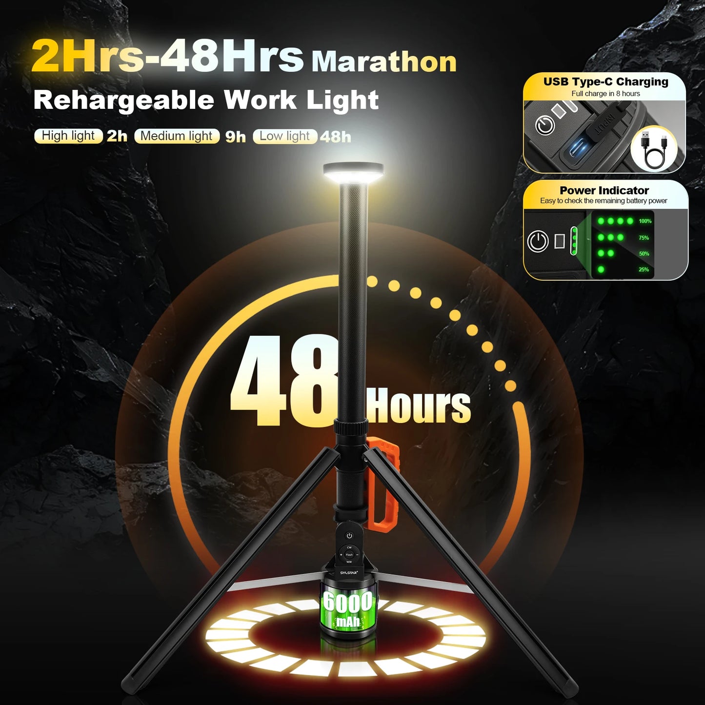 360° Rechargeable Work Light  Remote Control 8.4Ft Max Height 3000LM Ultra Bright 3CCT Dimmable Telescopic Camping Lights