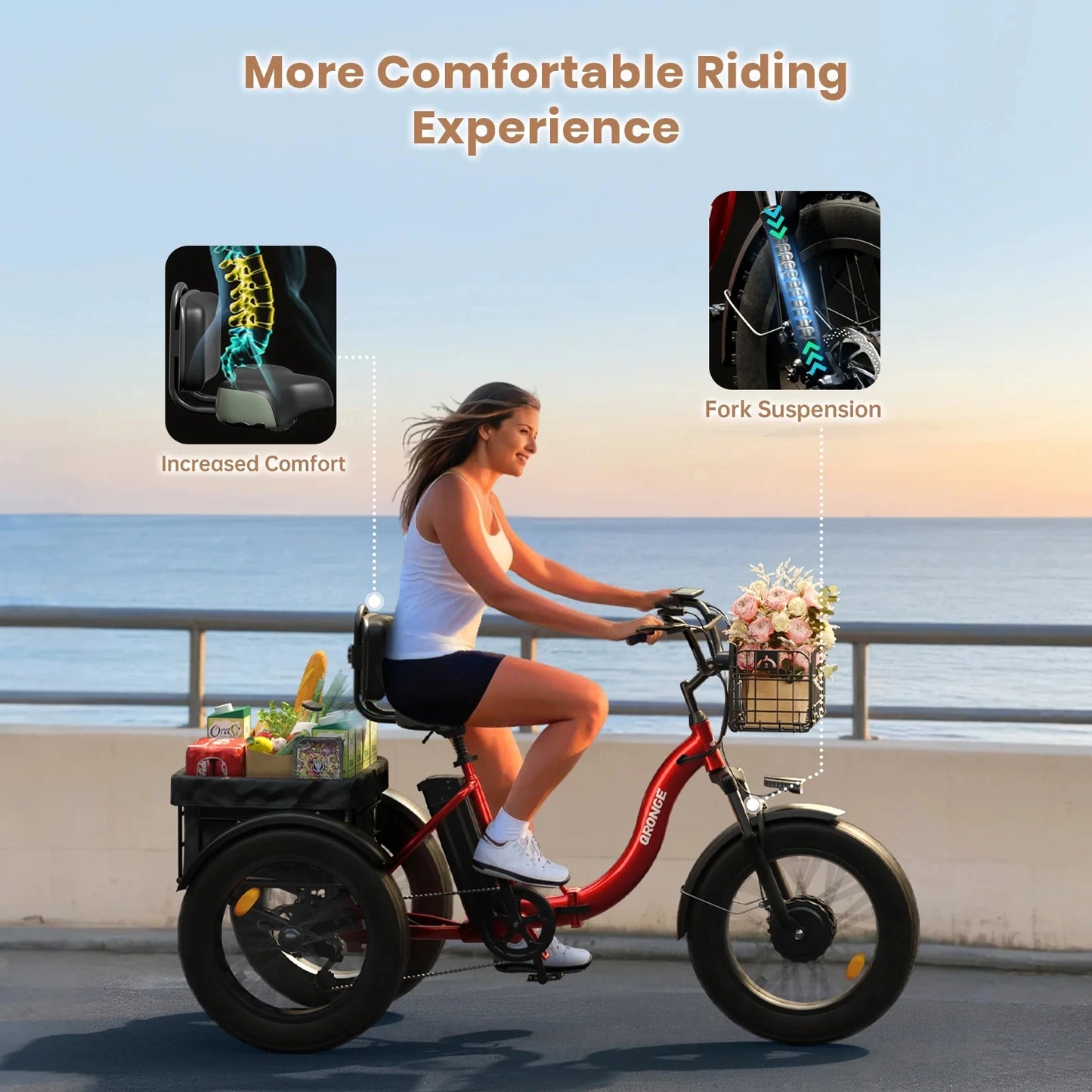 QRONGE Electric Bike for Adults 960W Peak 36V 13.5AH Battery Folding Electric Tricycle 50 Miles Range Fat Tire Electric Trike