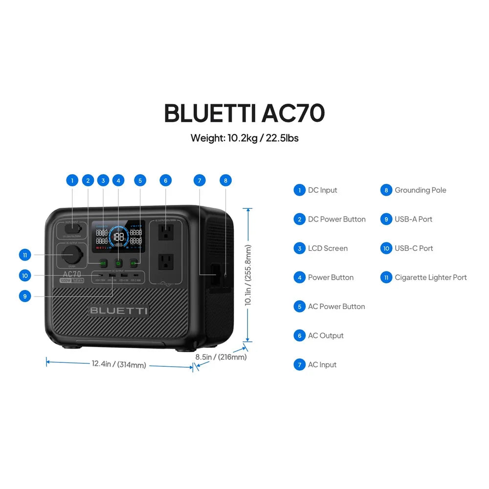 BLUETTI AC70 Portable Power Station 1000W 768Wh Solar Generator