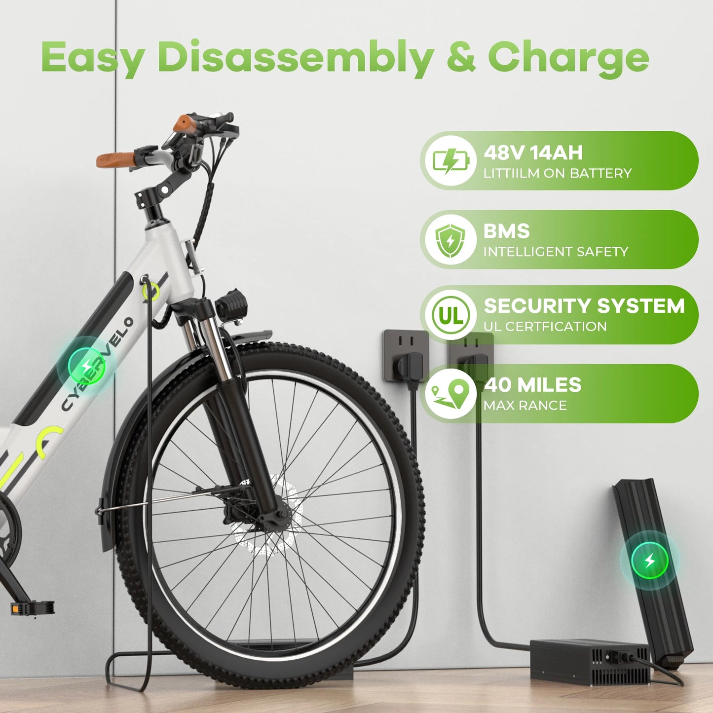 Cybervelo 1000W Peak 26" Electric Bike Adults 80Miles Removable Battery 7-Speed Ebike Beach Snow Commute E Bicycle for Men Women EK2