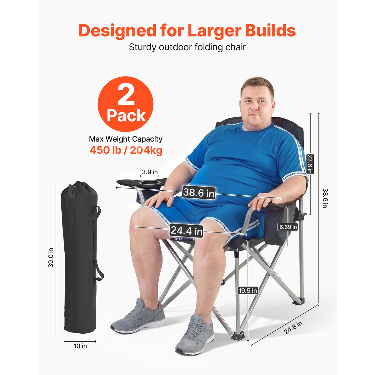 SucceBuy 2Pack Oversized Camping Chairs 450 lbs Heavy Duty Support Portable Folding Camp Chairs with Padded Backrest & Armrests