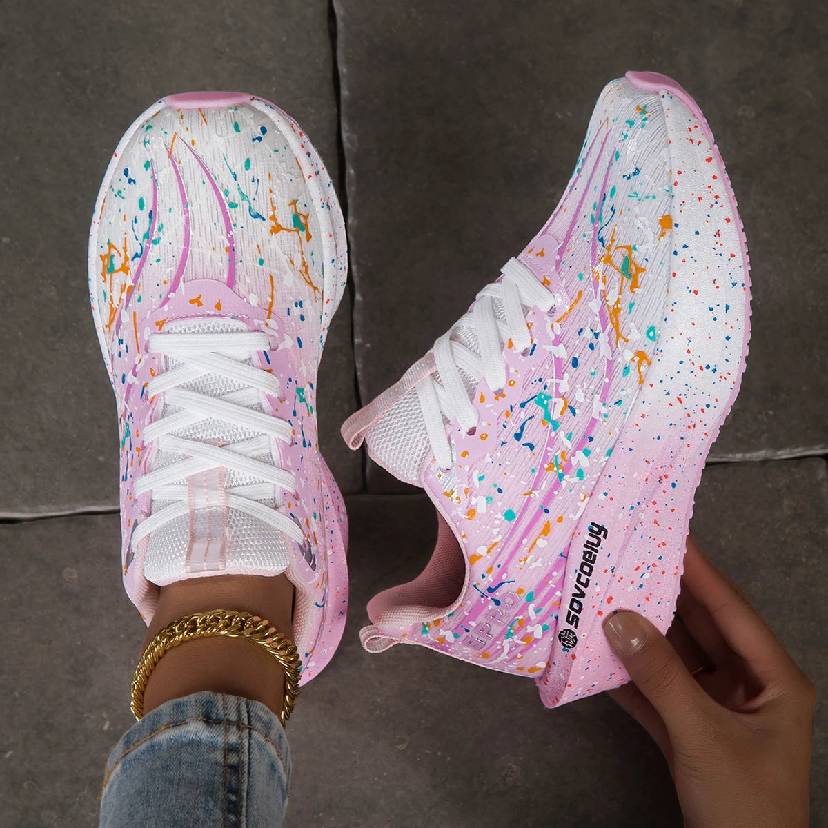 Women Splatter Paint Gradient Running Sneakers Breathable Flying Weave Mesh Lightweight Shock Absorb Non Slip Fashion Athletic Walking Sport Shoes
