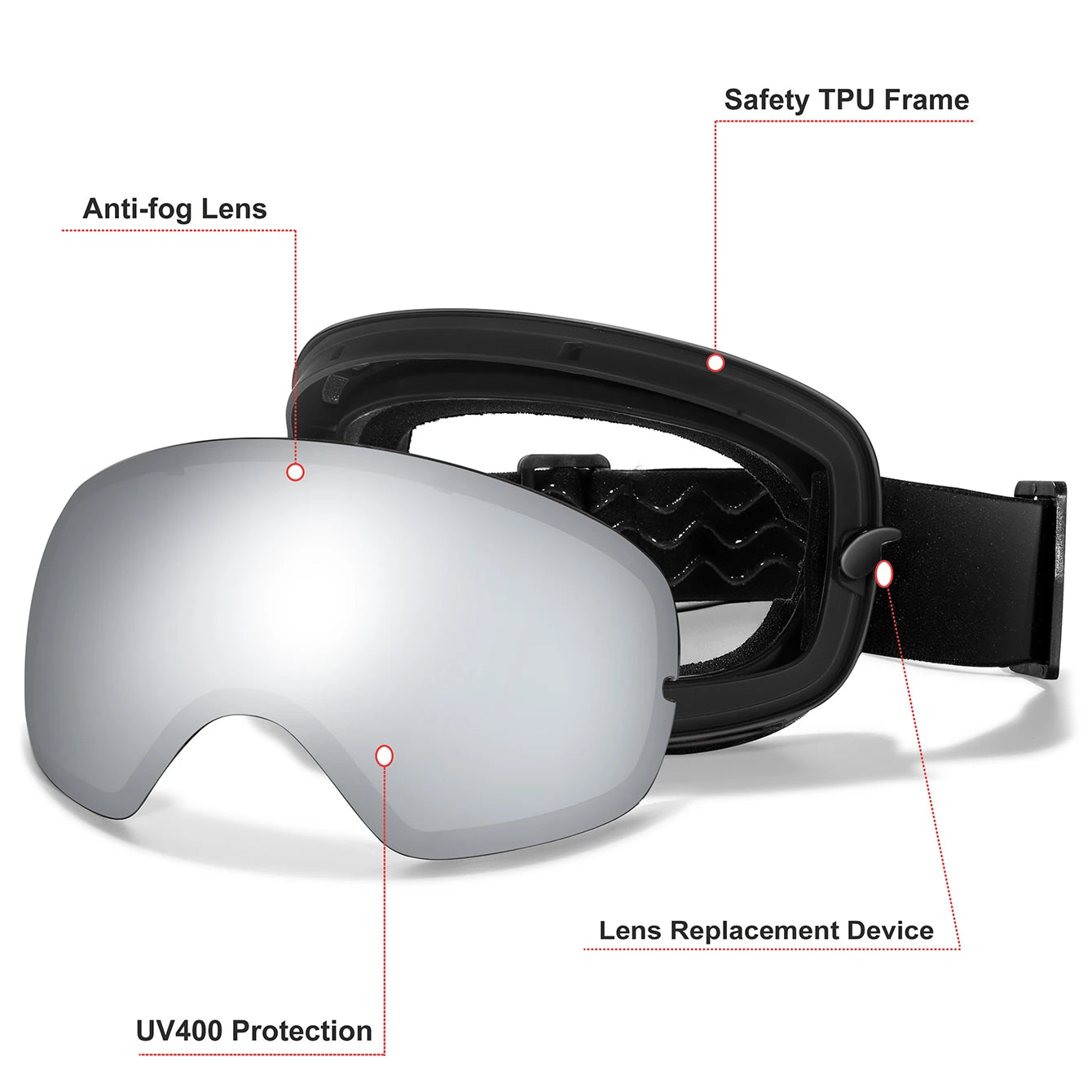 Winter Ski Goggles UV400 Anti Fog Unisex Free Frame Bag