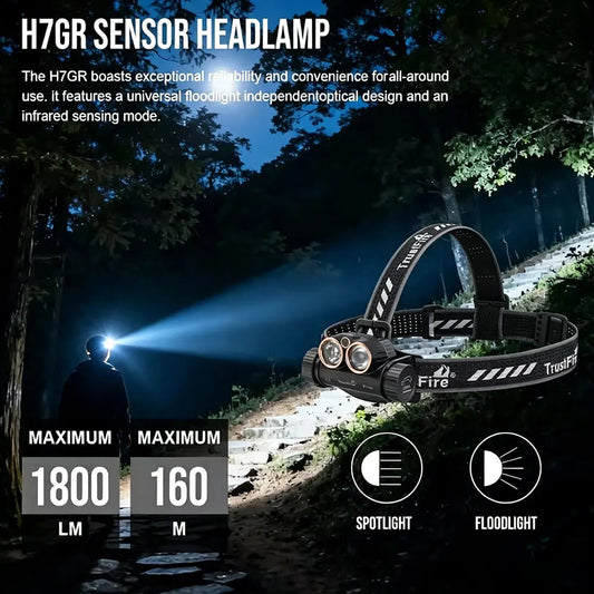 Trustfire H7GR LED Headlamp 1800 Lumens USB-C Rechargeable LED Headlight with Infrared Sensing Function 21700 Battery Spotlight Floodlight for Outdoor Camping