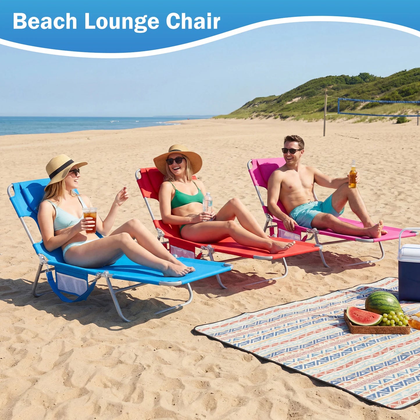 JHK 5-Position Adjustable Recline Beach Lounge Chair Portable Folding Sun Chairs with Face Arm Holes Max Load 225LBS for Patio