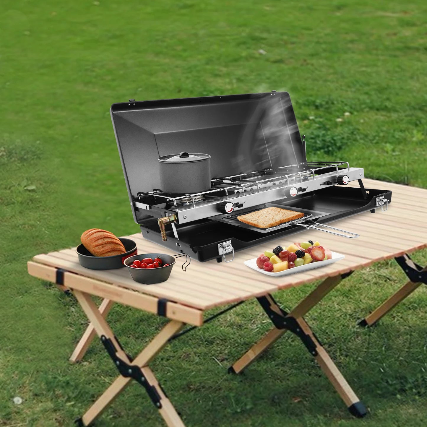 NONE Portable Camping Stove With Griddle 3-Burner Propane Stove