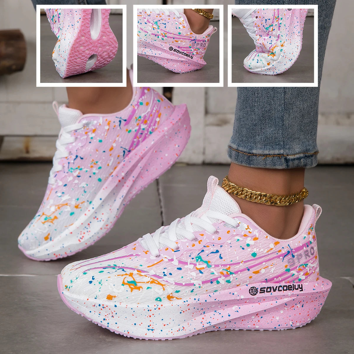 Women Splatter Paint Gradient Running Sneakers Breathable Flying Weave Mesh Lightweight Shock Absorb Non Slip Fashion Athletic Walking Sport Shoes