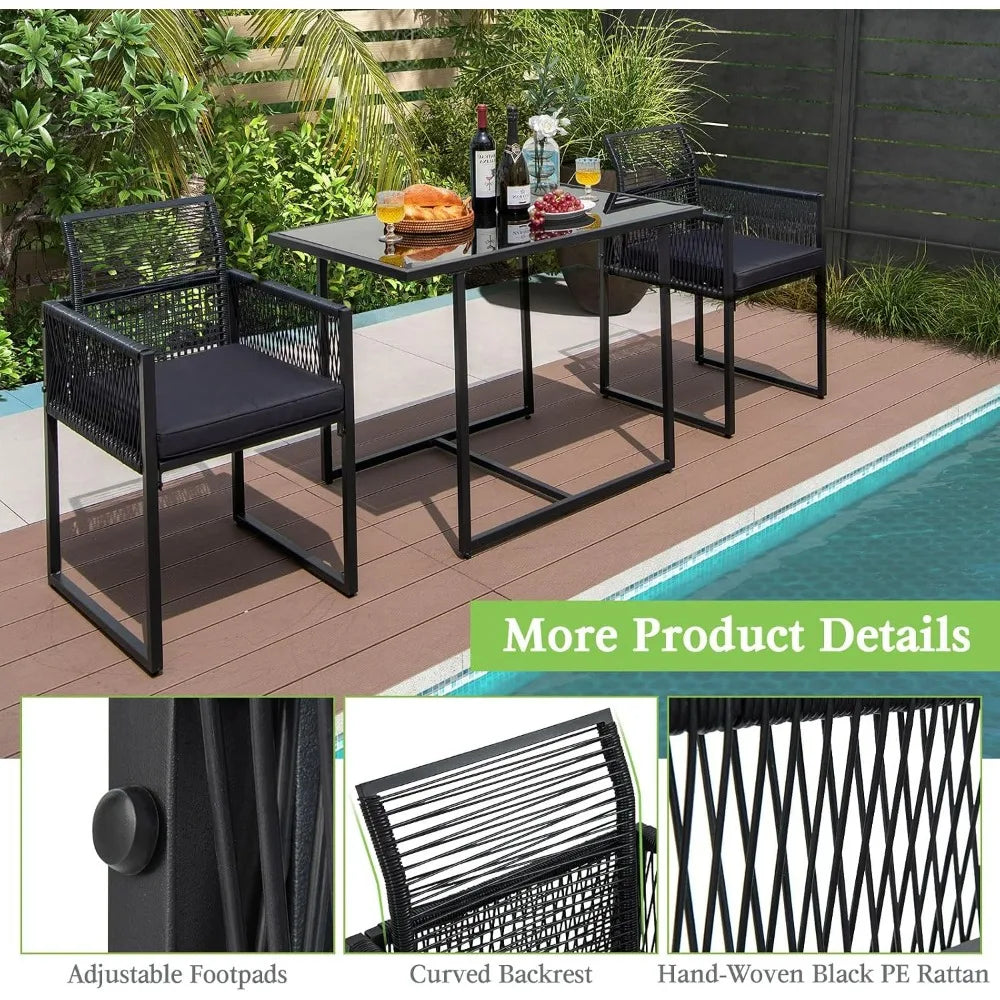 Tangkula 3 Pcs Outdoor PE Rattan Bistro Set Foldable Backrest Cushioned Tempered Glass Table Space Saving Patio Furniture