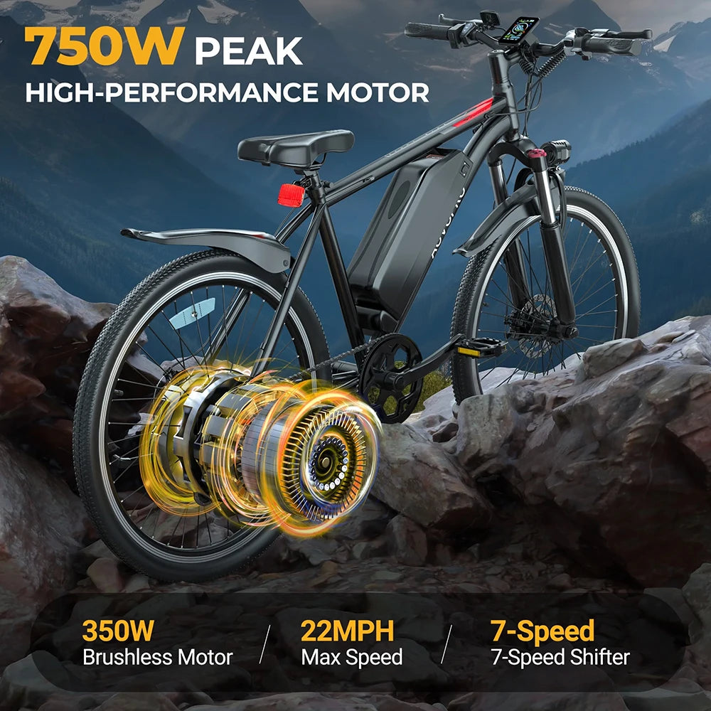 AOVOPRO BK520 26'' Electric Bicycle 750W Motor 48V 5.2AH Battery 22mph 7 Speed Mode 45miles Long Range Electric Bike for Adult