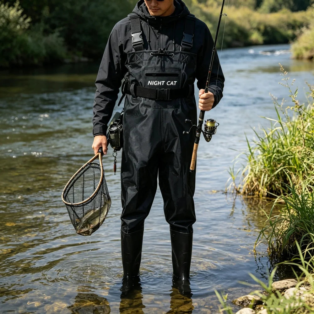 Night Cat Waterproof Fishing Waders: Hunting Chest Waders with Bootfoot and Belt For Man Woman Fishing Washing Farming Working Breathable, Lightweight, Black  Sizes 6.5–13
