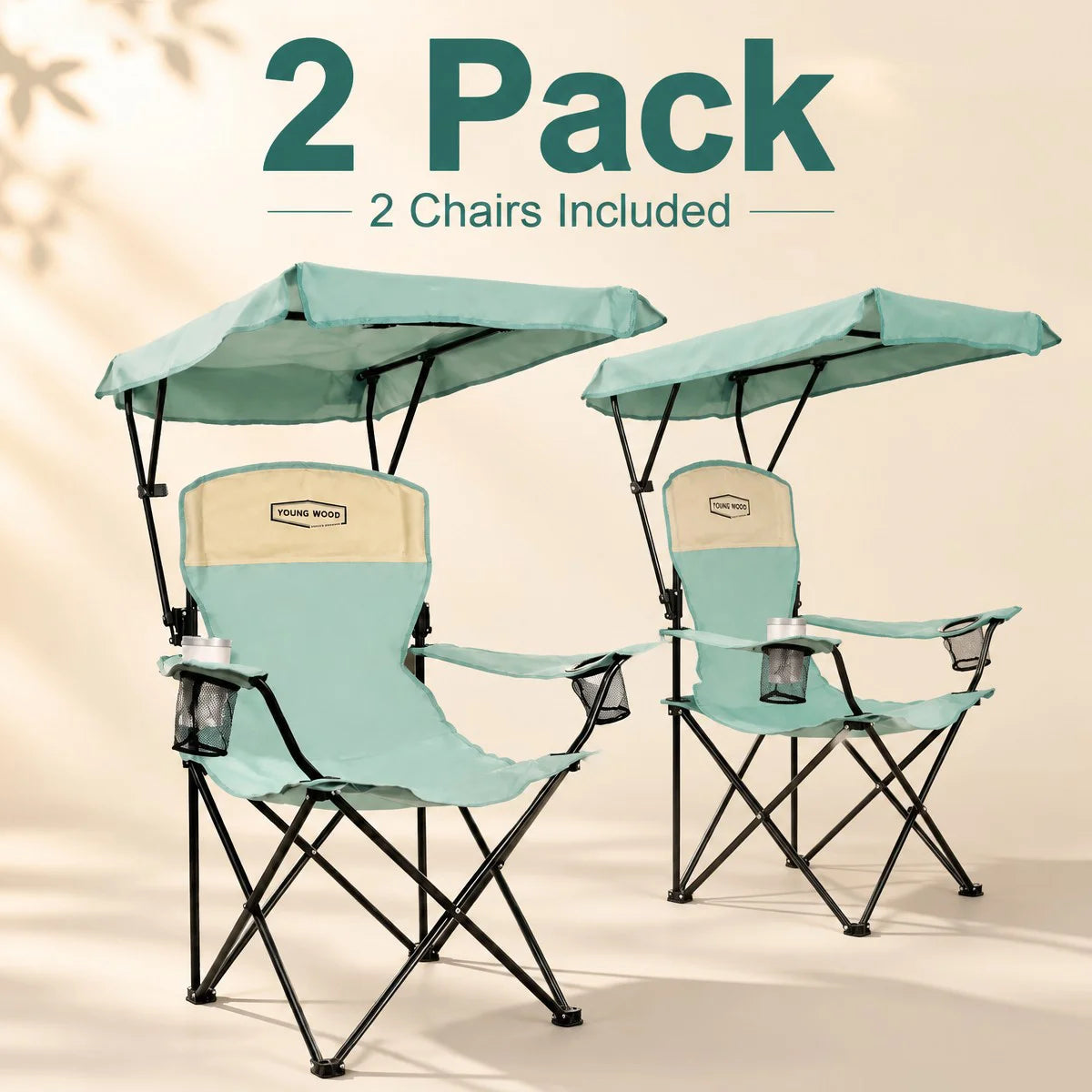 Portable Beach Chair with Cup Holder & Side Pocket, Duty Lawn Chair with Carry Bag for Camping, Beach, Fishing, Patio, Hiking,YOUNG WOOD Outdoor Folding Camping Chair with Adjustable Canopy