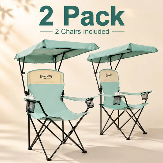 Portable Beach Chair with Cup Holder & Side Pocket, Duty Lawn Chair with Carry Bag for Camping, Beach, Fishing, Patio, Hiking,YOUNG WOOD Outdoor Folding Camping Chair with Adjustable Canopy