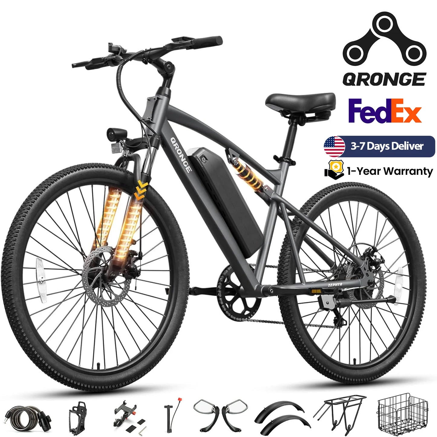 QRONGE Zephyr Electric Bike for Adults 1000W Peak Motor 486Wh Battery Mountain Electric Bicycle 26'' Tire Full Suspension E-bike