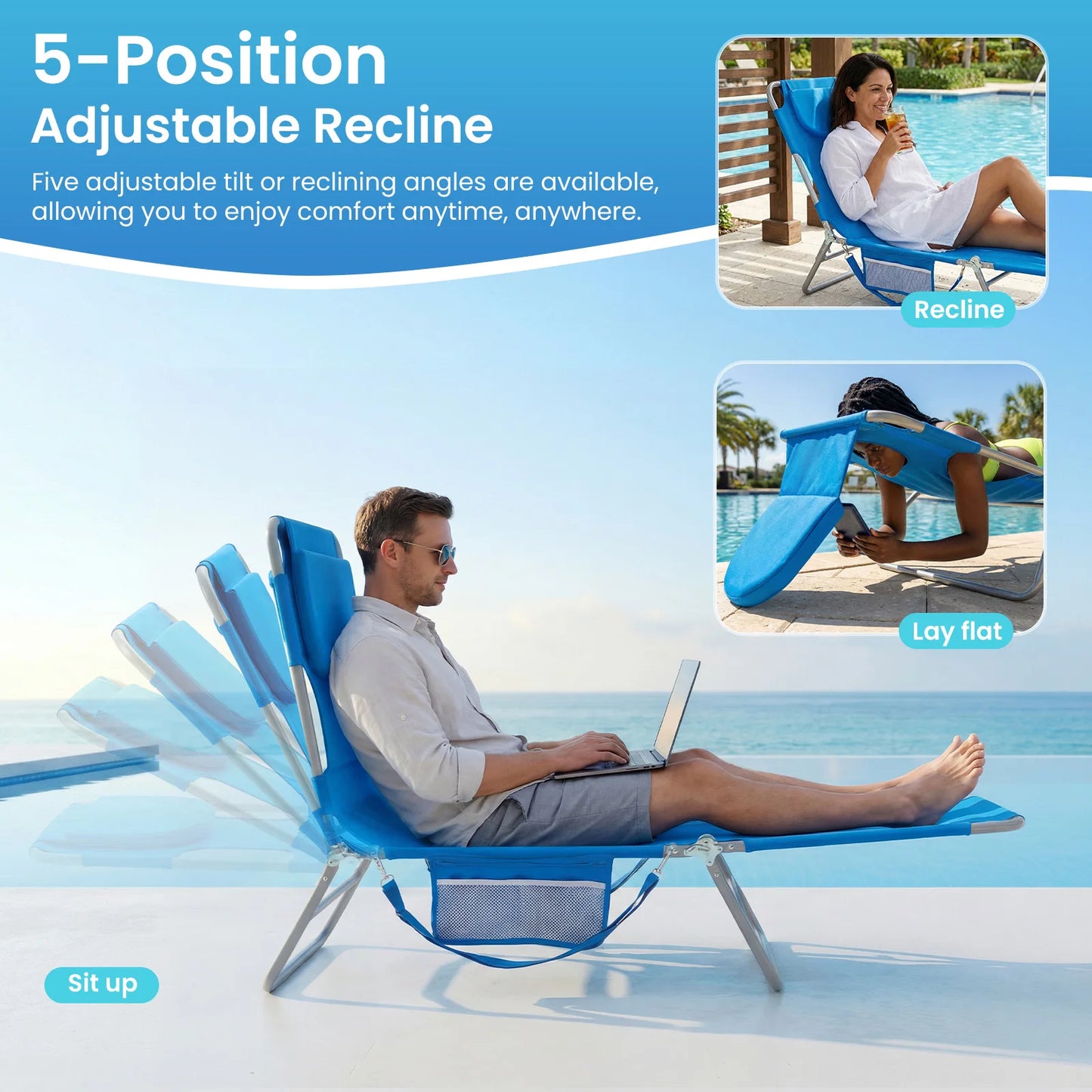 JHK 5-Position Adjustable Recline Beach Lounge Chair Portable Folding Sun Chairs with Face Arm Holes Max Load 225LBS for Patio