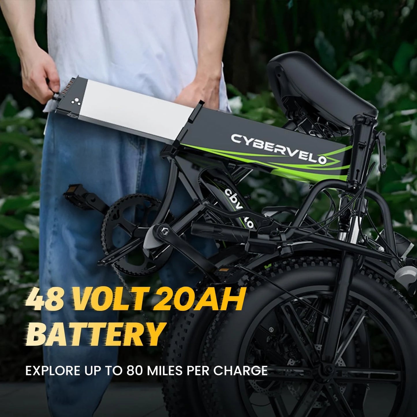 Cybervelo 1000W Folding Ebike 20" Fat Tire 48V 20AH Removable Battery 28+MPH 80 Miles 7-Speed Adult Electric Bike EK5