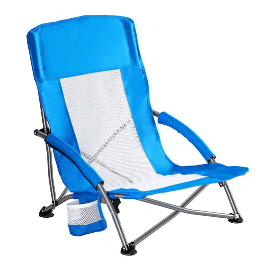JHK Portable Lightweight Low Camping Beach Chair Mesh Back Padded Armrests Folding Beach Chair with Cup Holder Storage Pocket for Camp Picnic Lawn