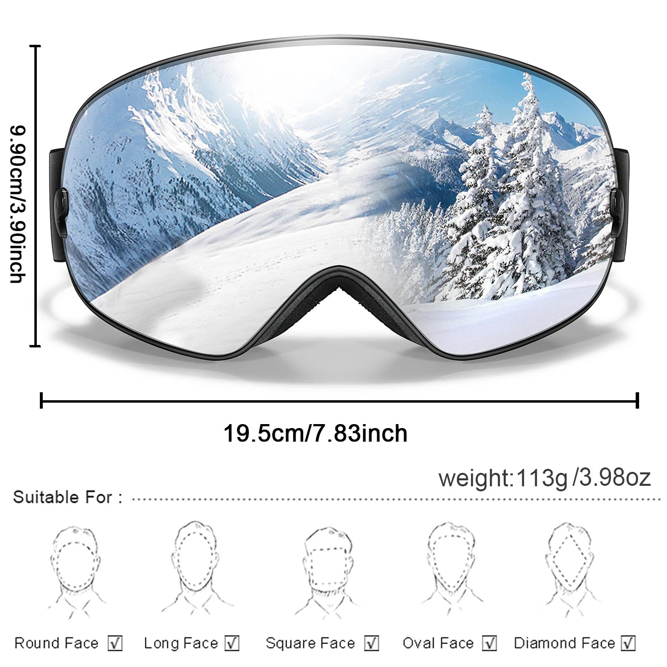 Winter Ski Goggles UV400 Anti Fog Unisex Free Frame Bag