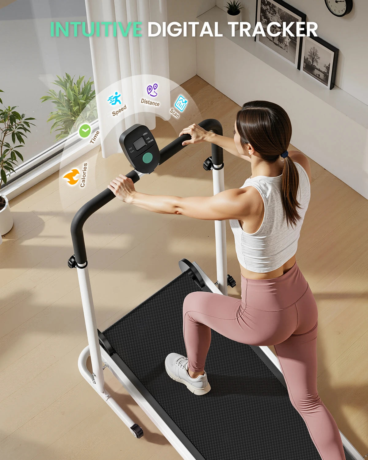 AKLUER Foldable Compact Non-Electric Treadmill - Dual Flywheel & Fixed Incline, LCDMonitor, Non-Slip Belt, Soft Foam Grips for Home/Gym Walking & Jogging