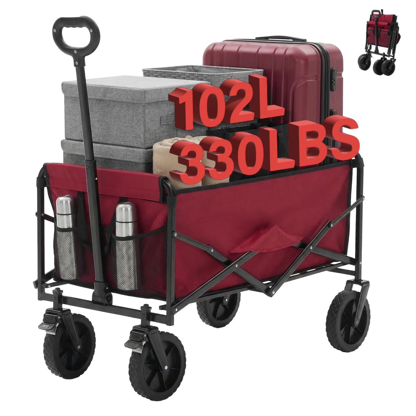 JHK 102L Heavy Duty Collapsible Wagon Cart Utility Folding Wagon with Wheels 330 lbs Weight CapacityFlexible Handle for Camping