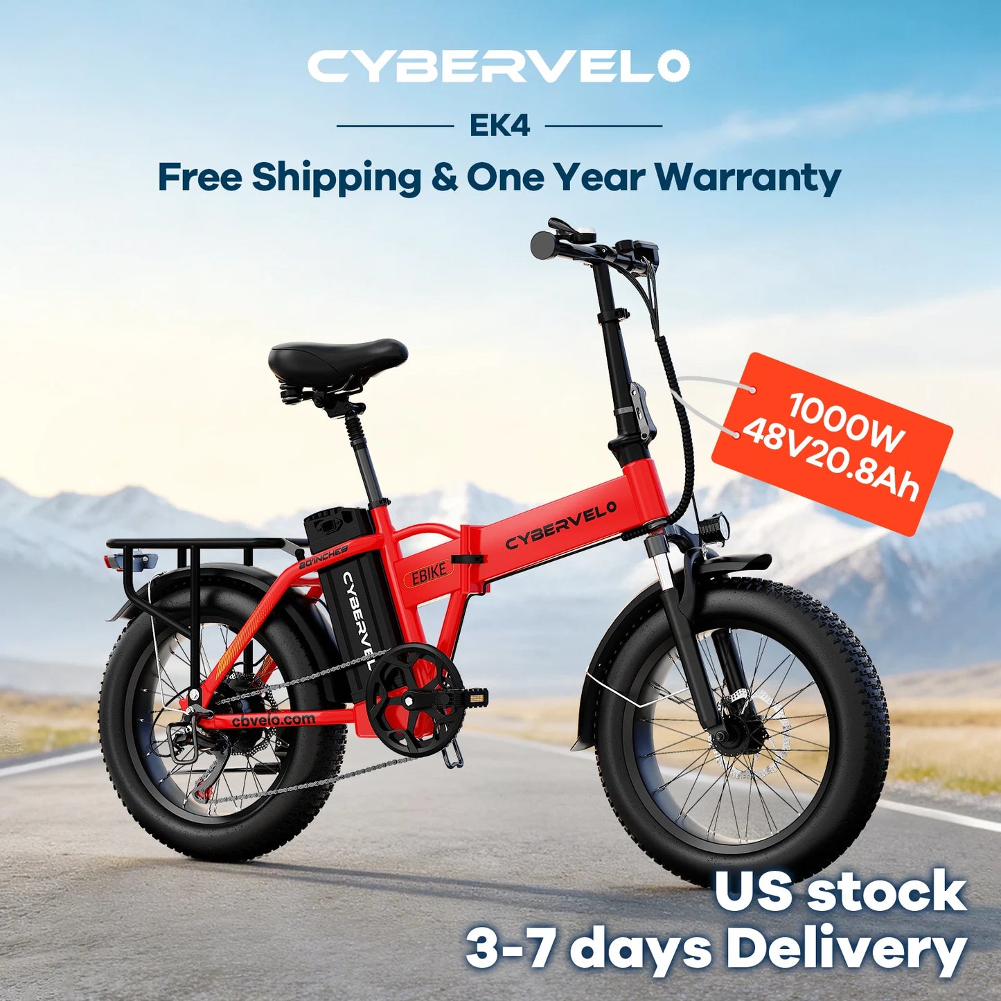 Cybervelo 1000W Peak High-speed Brushless Folding 20 Inch Fat Tire Electric Bike for Adults 48V 20.8Ah/50Ah Removable Battery 80 Miles Range Commuter E-Bicycle EK4