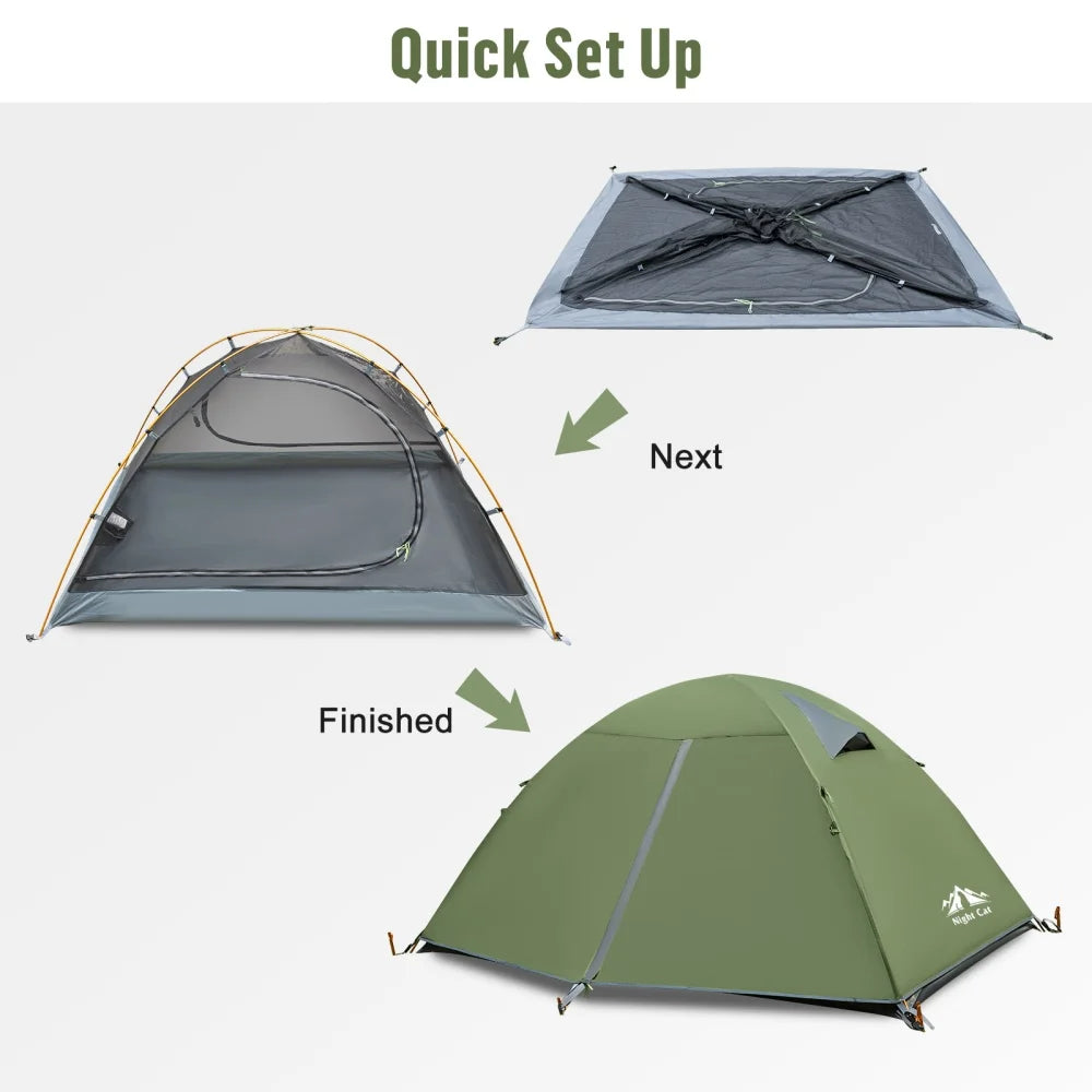Night Cat 2-Persons Backpacking Tent: Waterproof Lightweight Camping Tent for Two People Hiking Outdoor Mountain with Aluminum Poles and Rainfly