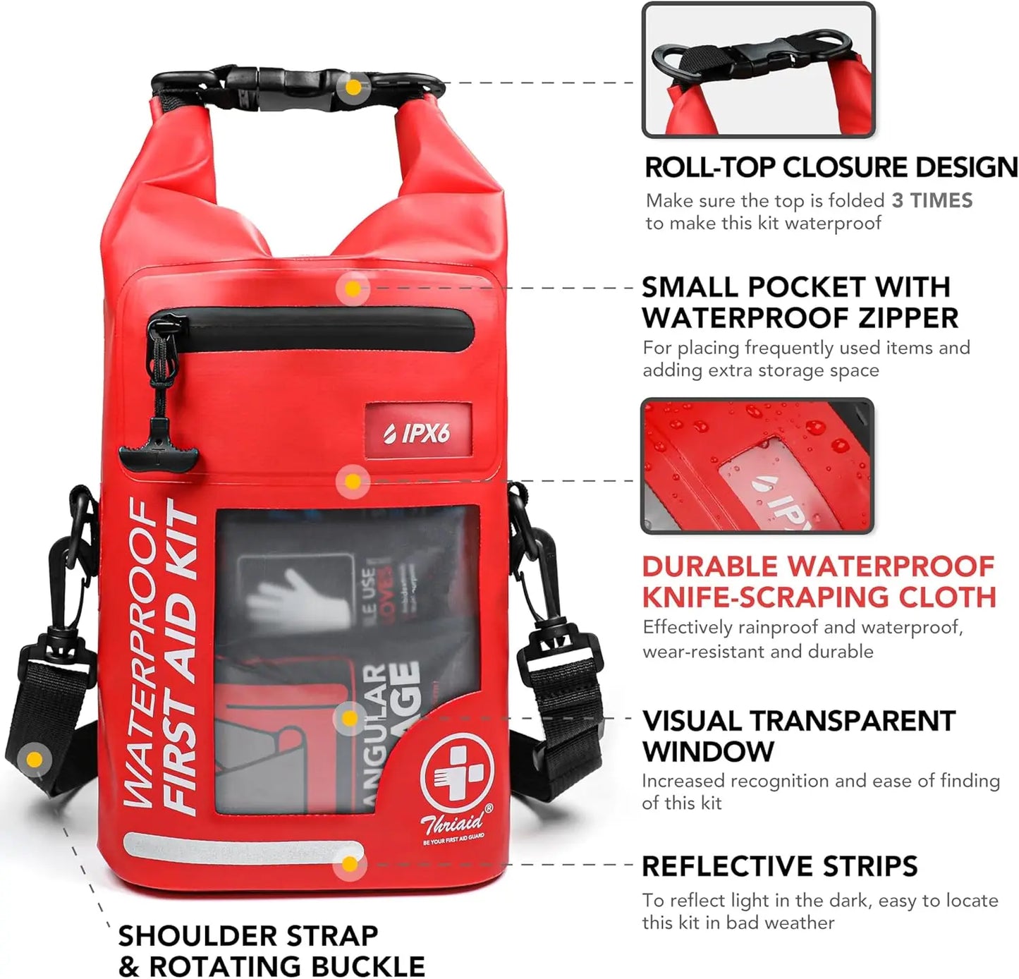 Waterproof 250 Piece First Aid Kit With Reflective Dry Bag