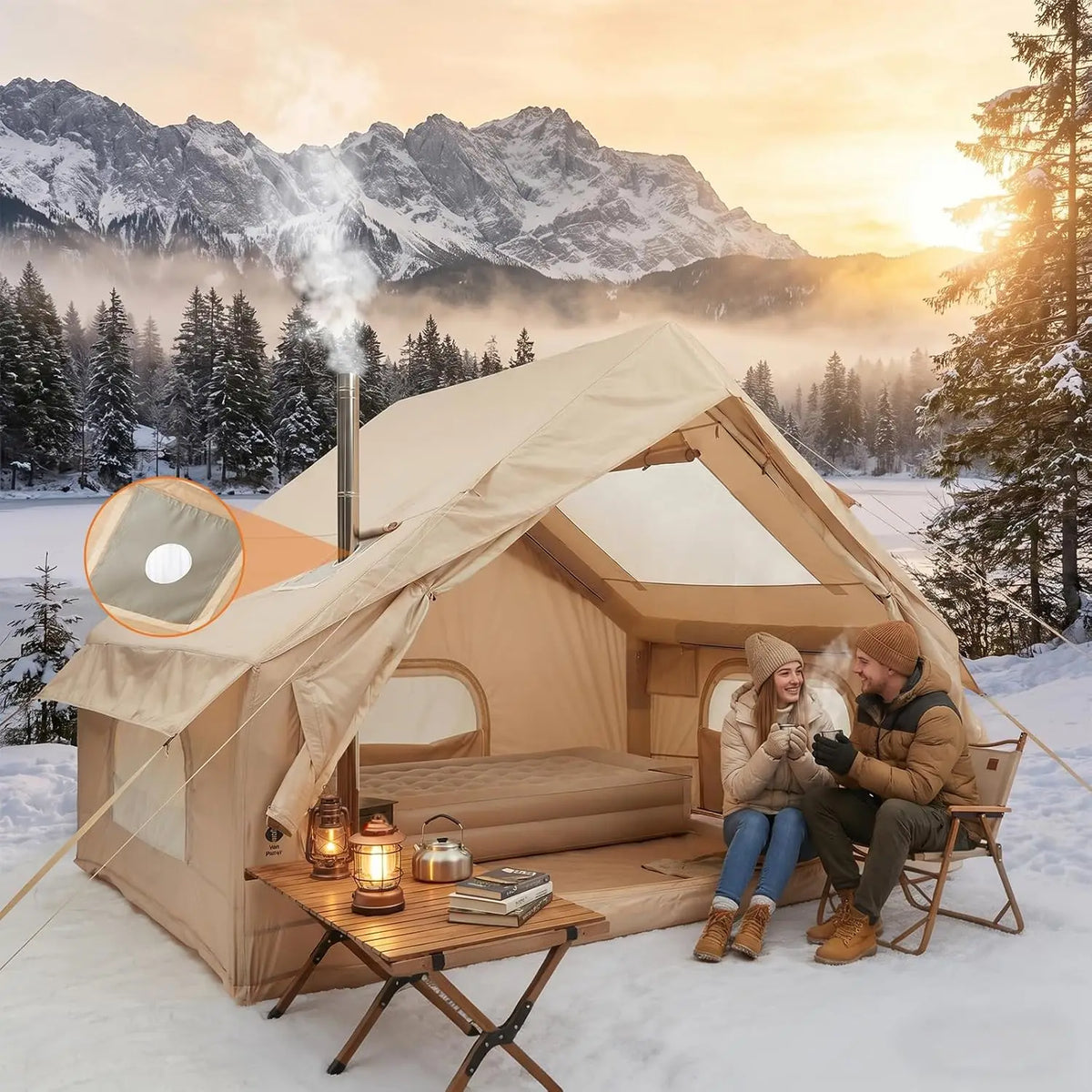 Inflatable Waterproof Camping Tent With Stove Jack And Mesh Windows