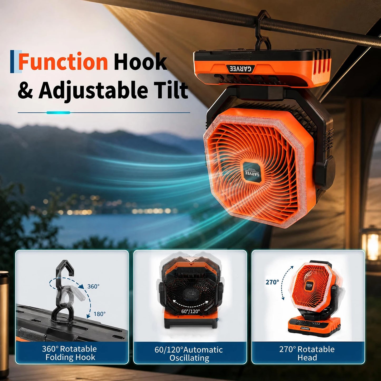 Portable Camping Fan 40000mAh Rechargeable Battery Powered Fan With Remote Timer LED Light 5 Speeds For Tent Travel Car Outdoor