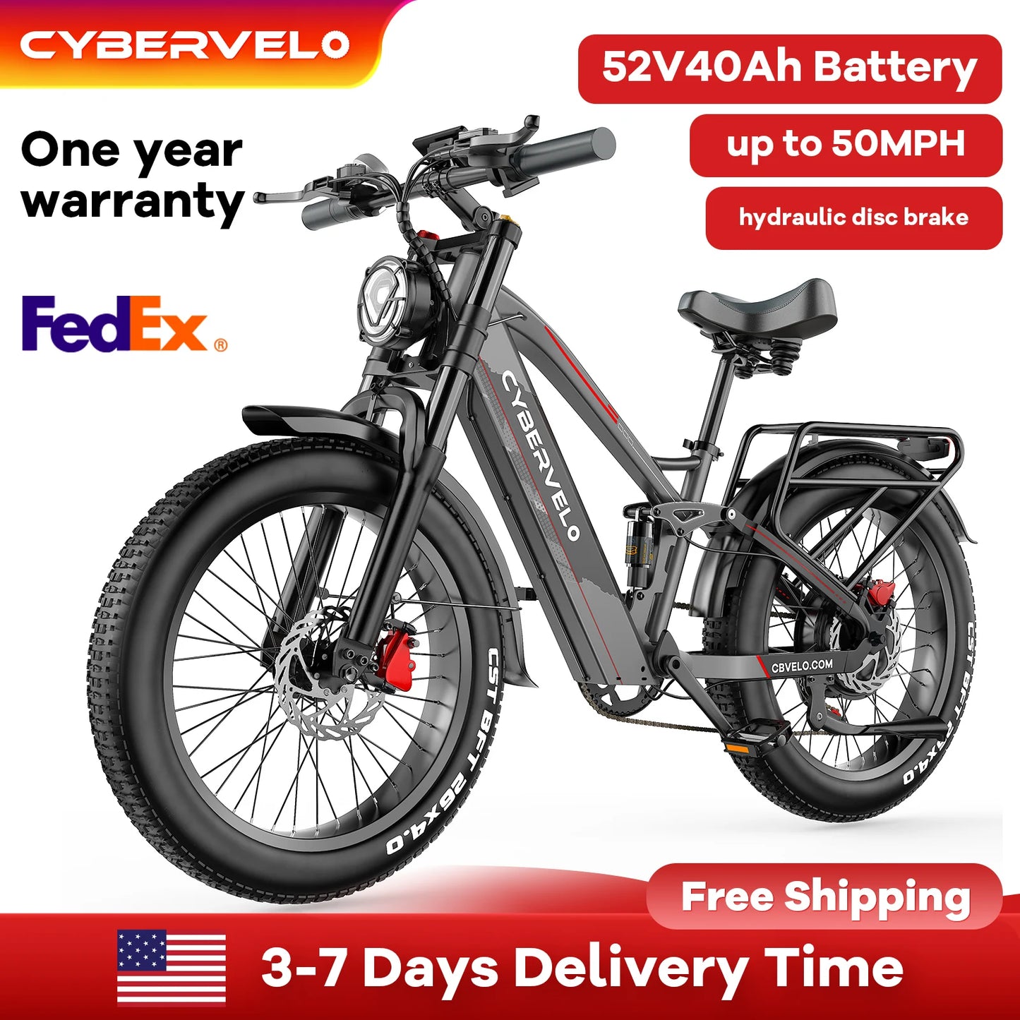 Cybervelo 5000W Peak Electric Bike for Adults 26"x4.0 Fat Tire All Terrain Electric Mountain Ebike Commuter E-Bike 7-Speed Up to 120 Miles 52V 40Ah/60V 50Ah Removable Battery EK9
