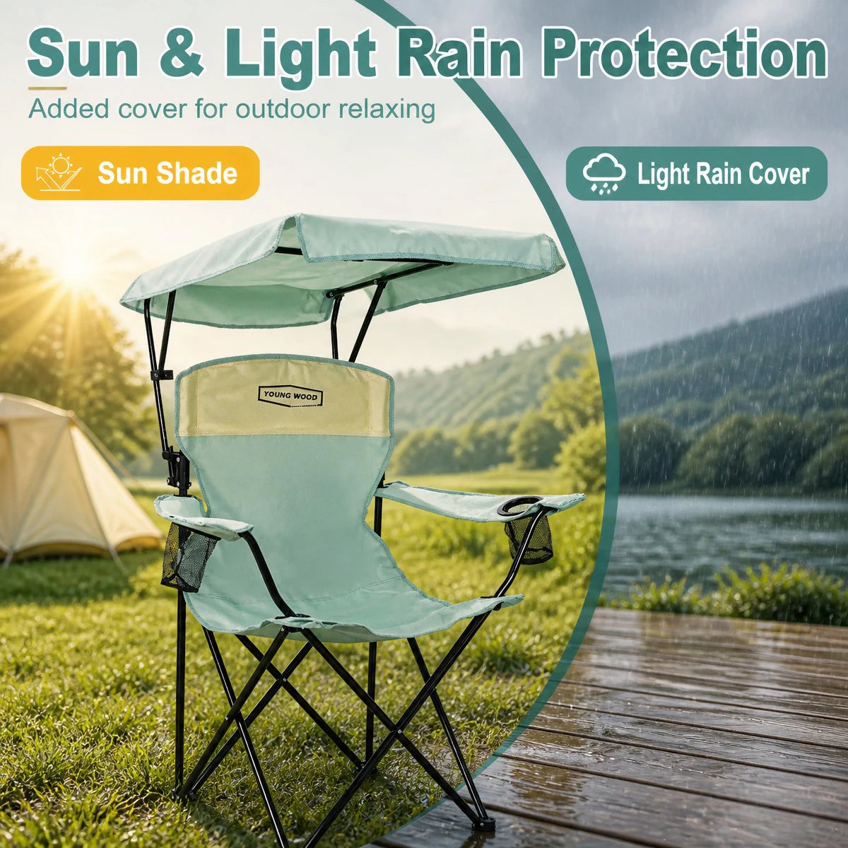Portable Beach Chair with Cup Holder & Side Pocket, Duty Lawn Chair with Carry Bag for Camping, Beach, Fishing, Patio, Hiking,YOUNG WOOD Outdoor Folding Camping Chair with Adjustable Canopy