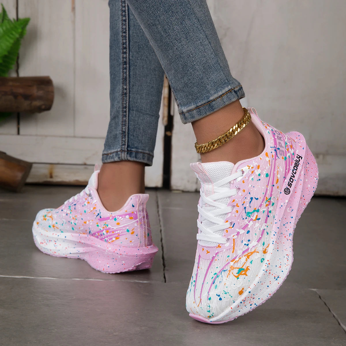 Women Splatter Paint Gradient Running Sneakers Breathable Flying Weave Mesh Lightweight Shock Absorb Non Slip Fashion Athletic Walking Sport Shoes
