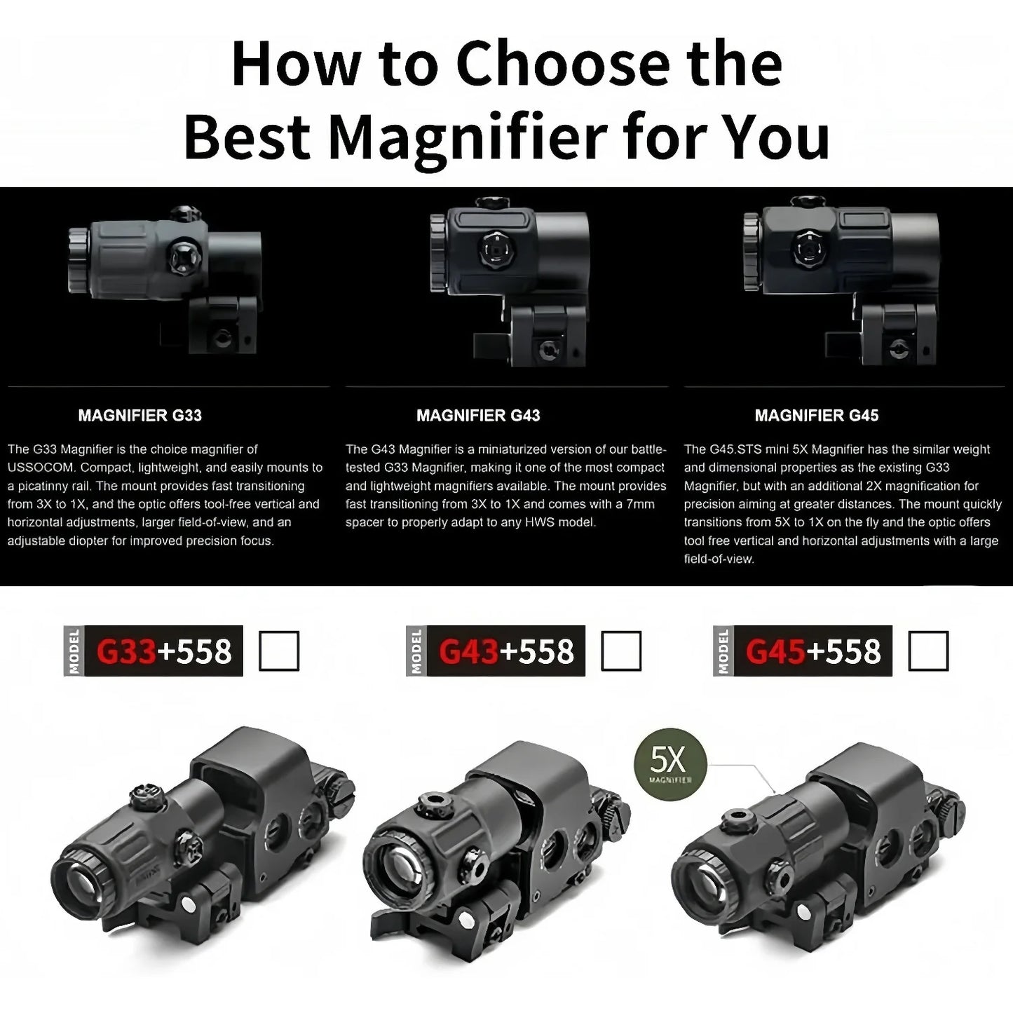558 Red Dot Sight G33/G43/G45 Magnifier 558+G33 Holographic Sight with Switch to Side QD 20mm Rail Mount