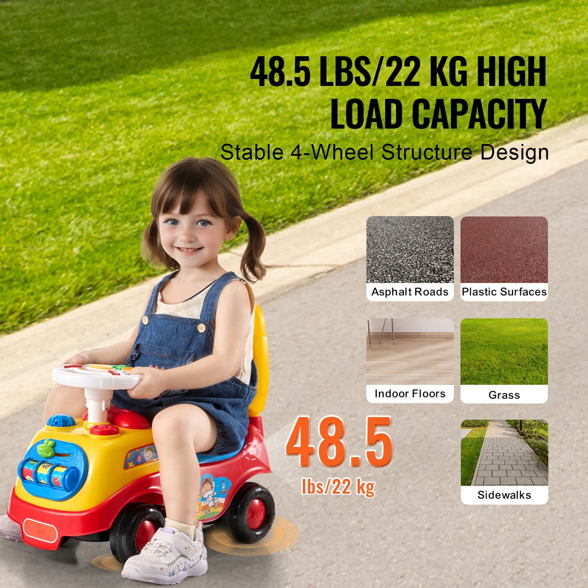 SucceBuy Toddler Push Ride On Car With Music Steering Wheel