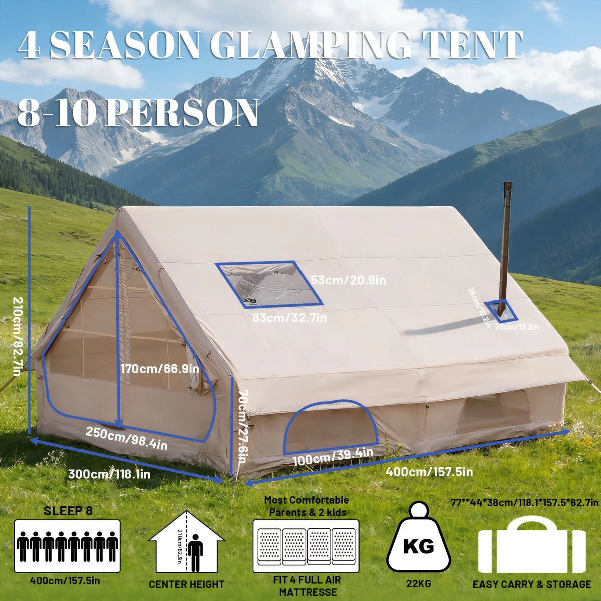 Inflatable Camping Tent for 4-8 People- Quick SetupBlow-Up Tent, 4-Season Versatile, Waterproof PortableOutdoor Tent with Stove