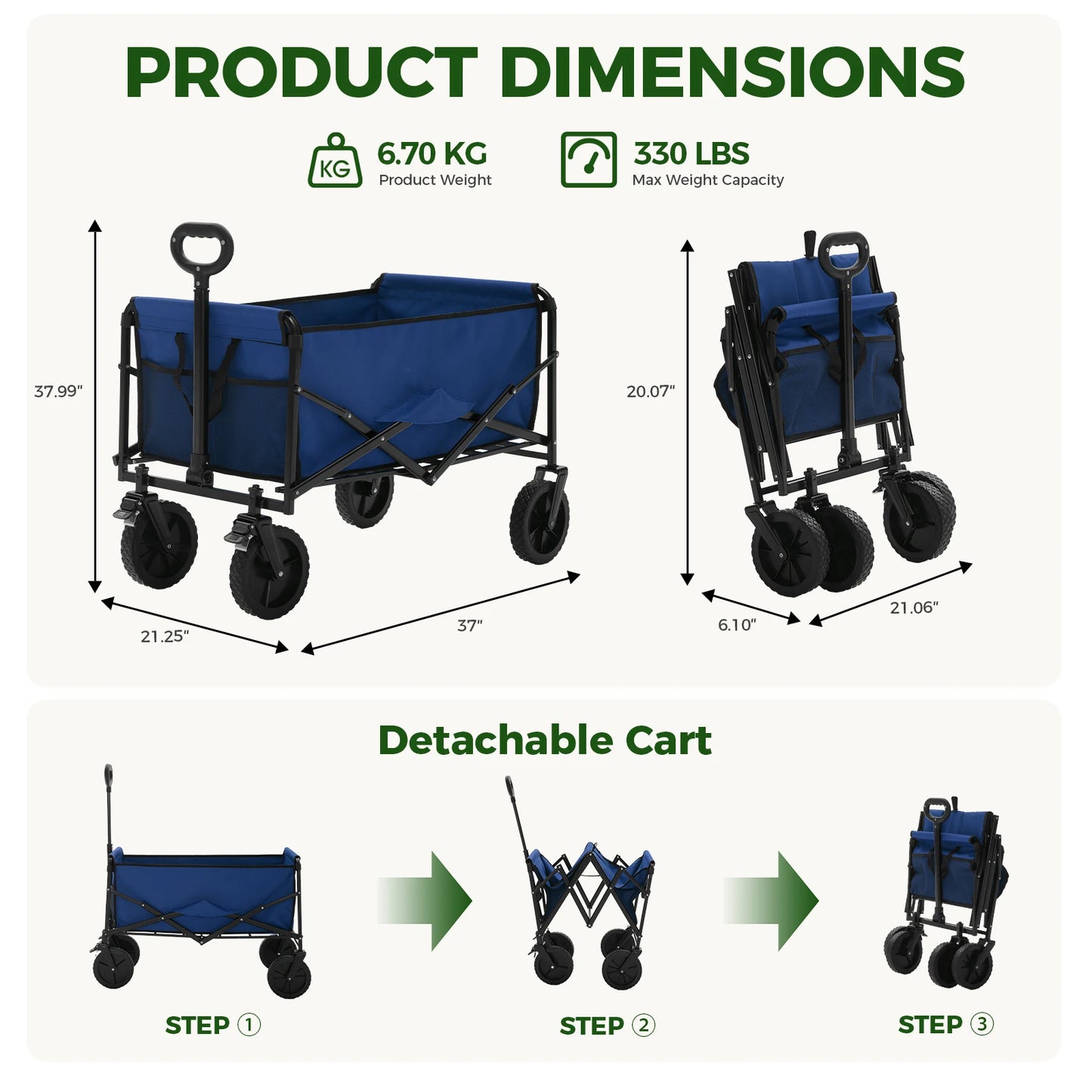 JHK 102L Heavy Duty Collapsible Wagon Cart Utility Folding Wagon with Wheels 330 lbs Weight CapacityFlexible Handle for Camping