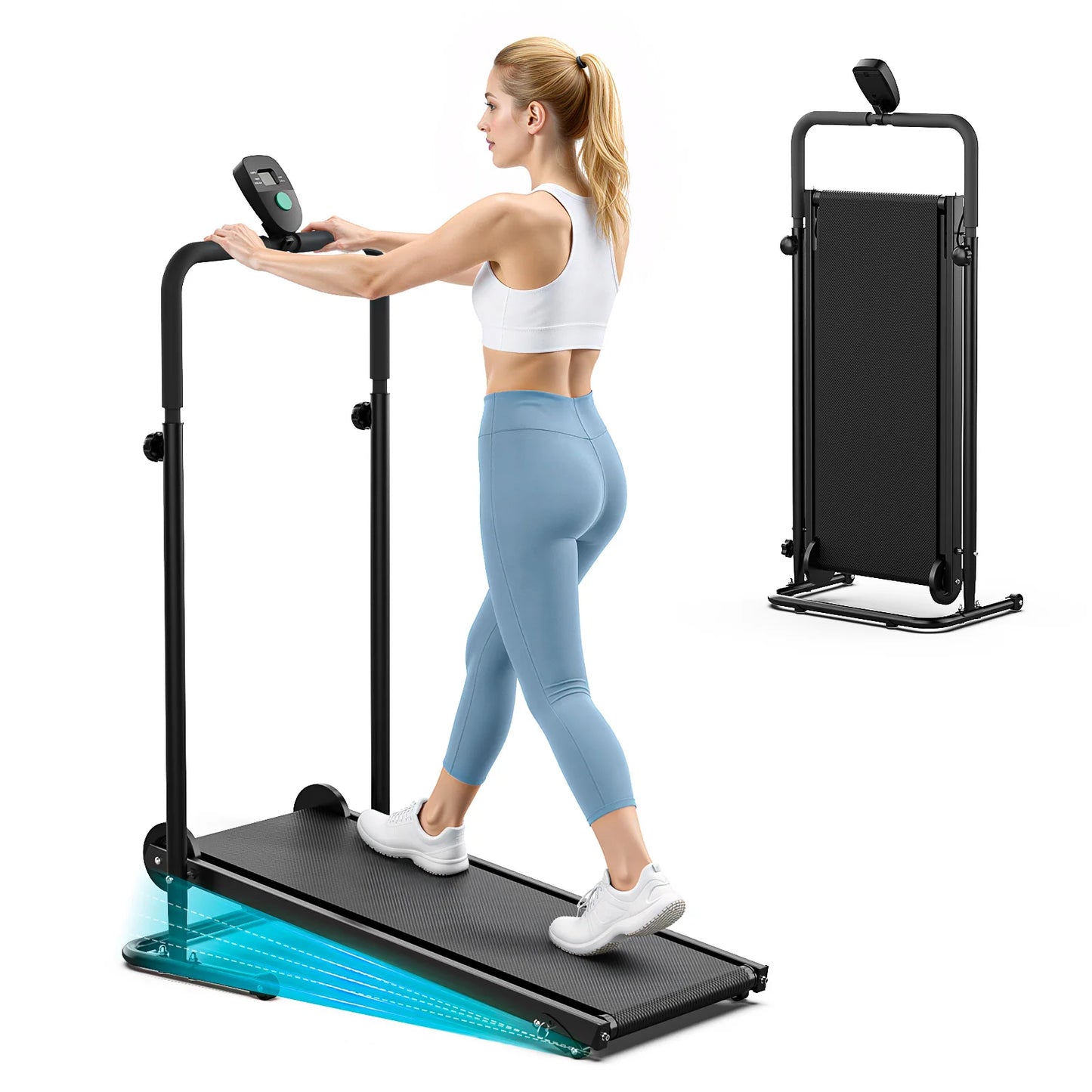 Akluer Non-Motorized Foldable Workout Treadmill - Dual Flywheel with Fixed Incline, LCD Monitor, Slip-Resistant Belt & Comfort Foam Grips for Small Home and Apartment Gym Use