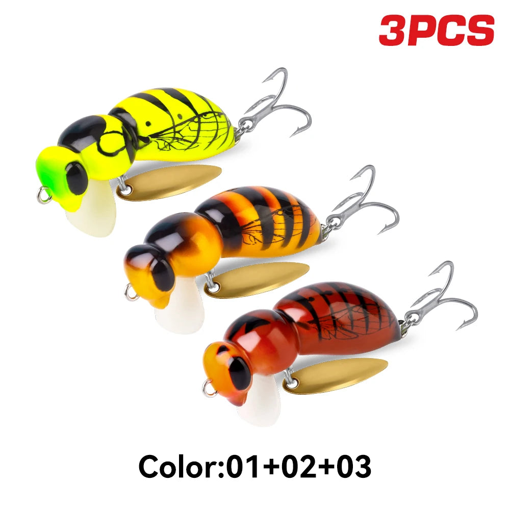 Kingdom 3Pcs Wasp Minnow Topwater Fishing Lure Two Types 35mm 3.9g Floating Spinner Single Hook Artificial Hard Baits Bass Pike