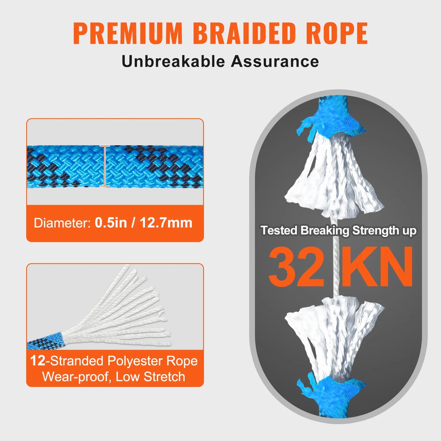 VEVOR Static Climbing Rope With Steel Snap Hooks 30 kN Breaking Strength