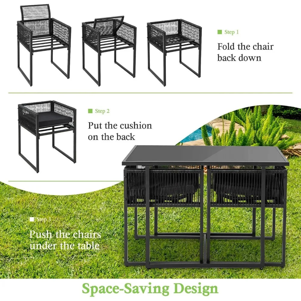 Tangkula 3 Pcs Outdoor PE Rattan Bistro Set Foldable Backrest Cushioned Tempered Glass Table Space Saving Patio Furniture