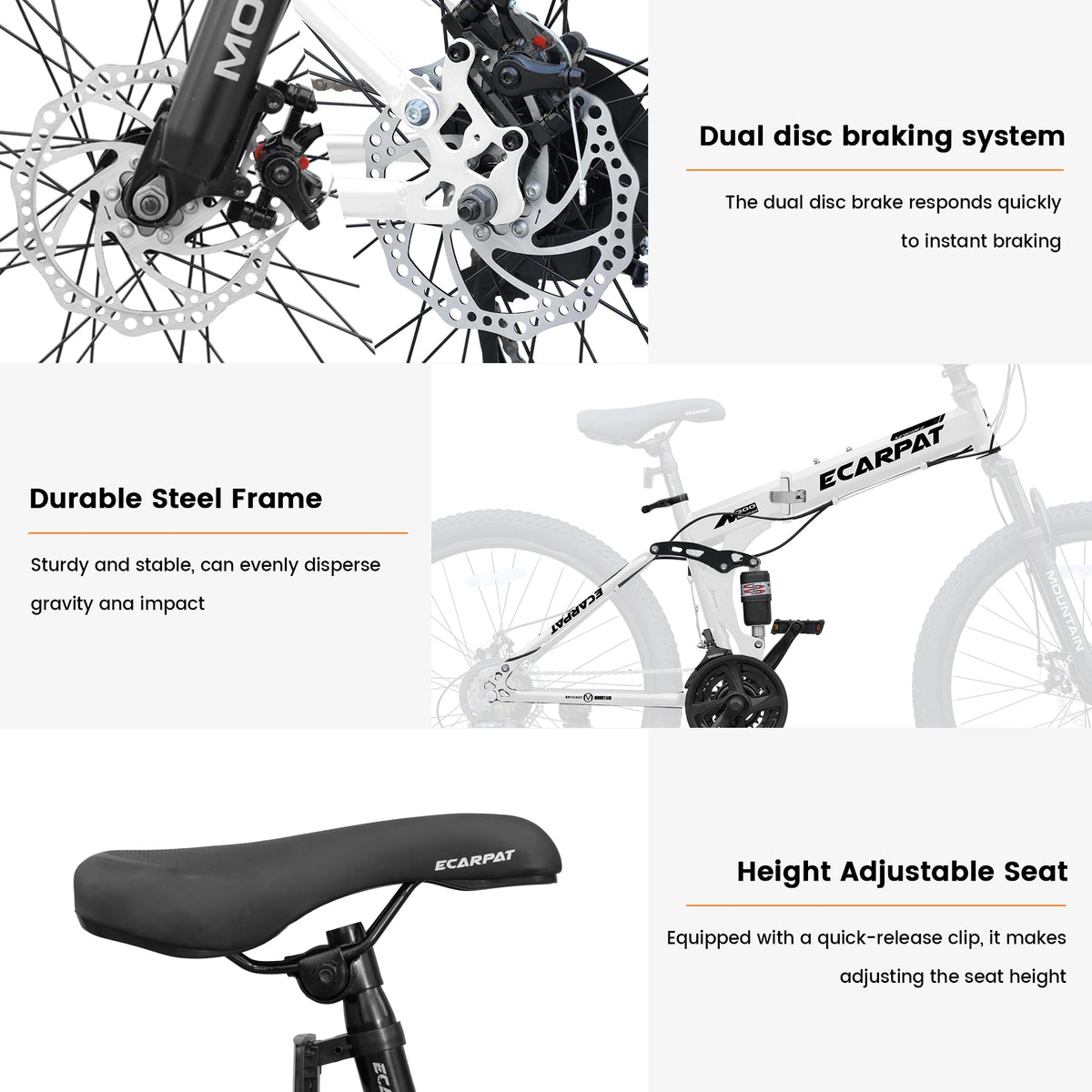 Ecarpat Folding Mountain Bike With 21 Speed Dual Disc Brakes